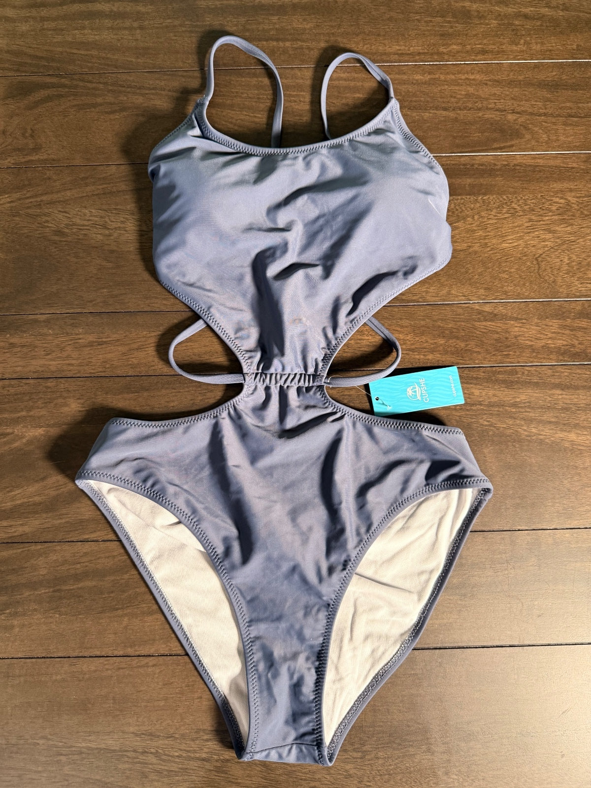 NWT Cupshe Slate Blue Cutout Strappy Tie Back One Piece Swimsuit Size Medium