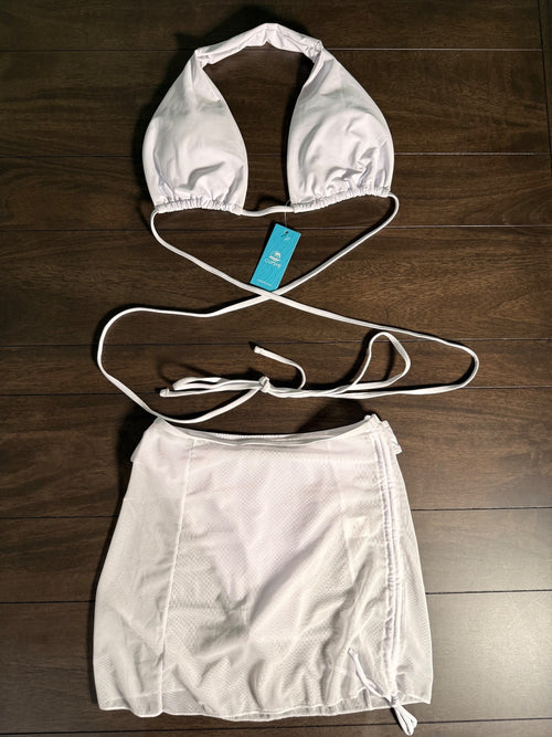 NWT Cupshe Bright White Crisscross Halter Cheeky Bikini 3Pc Mesh Cover Up Size S
