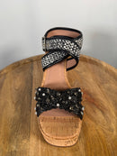 NWB Linea Paolo Varena Black Raffia Embellished Wedge Sandals Size 9.5