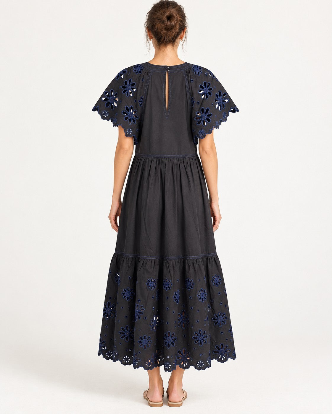NWT Something Navy Black Combo Floral Eyelet Embroidered Tiered Dress Size XS