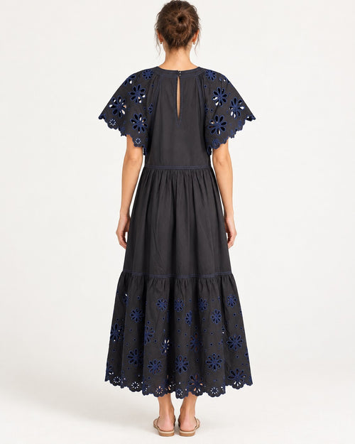 NWT Something Navy Black Combo Floral Eyelet Embroidered Tiered Dress Size XS