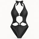 NWT Cupshe Black Halter Cutout O-Ring One Piece Swimsuit Size Small