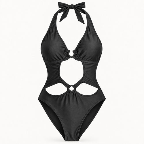 NWT Cupshe Black Halter Cutout O-Ring One Piece Swimsuit Size Small