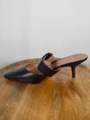NWB Linea Paolo Cynthia Black Nappa Leather Buckle Kitten Heel Mules Size 5