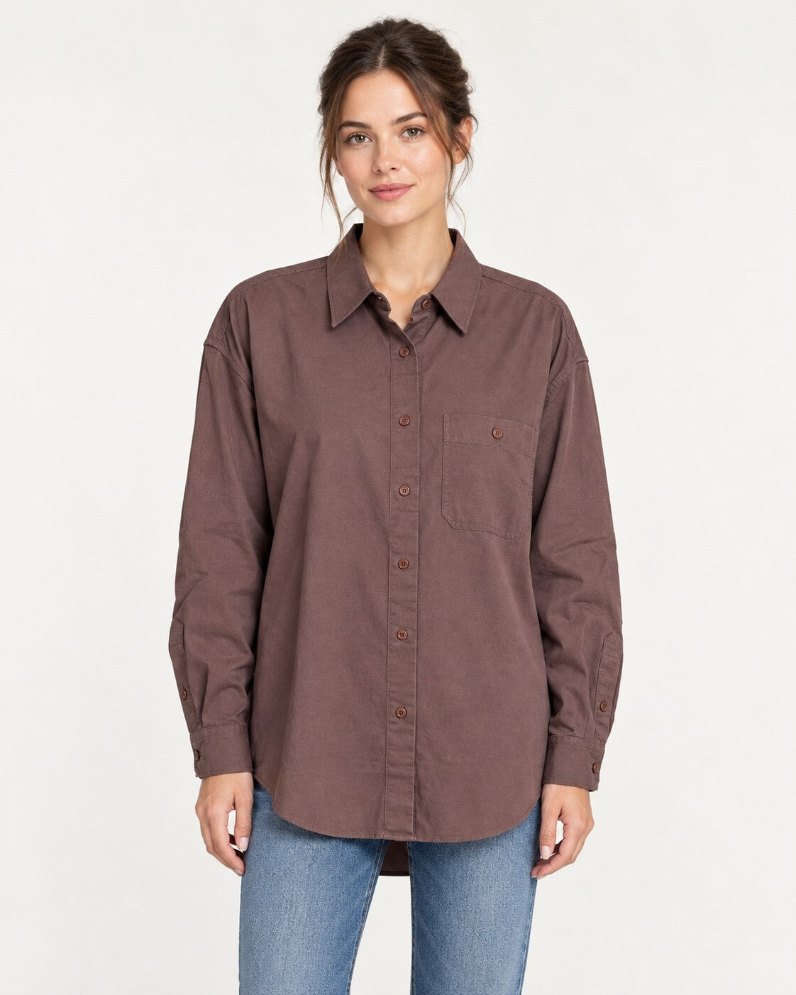 NWT Something Navy Brown Classic Button Up Long Sleeve Shirt Size XS