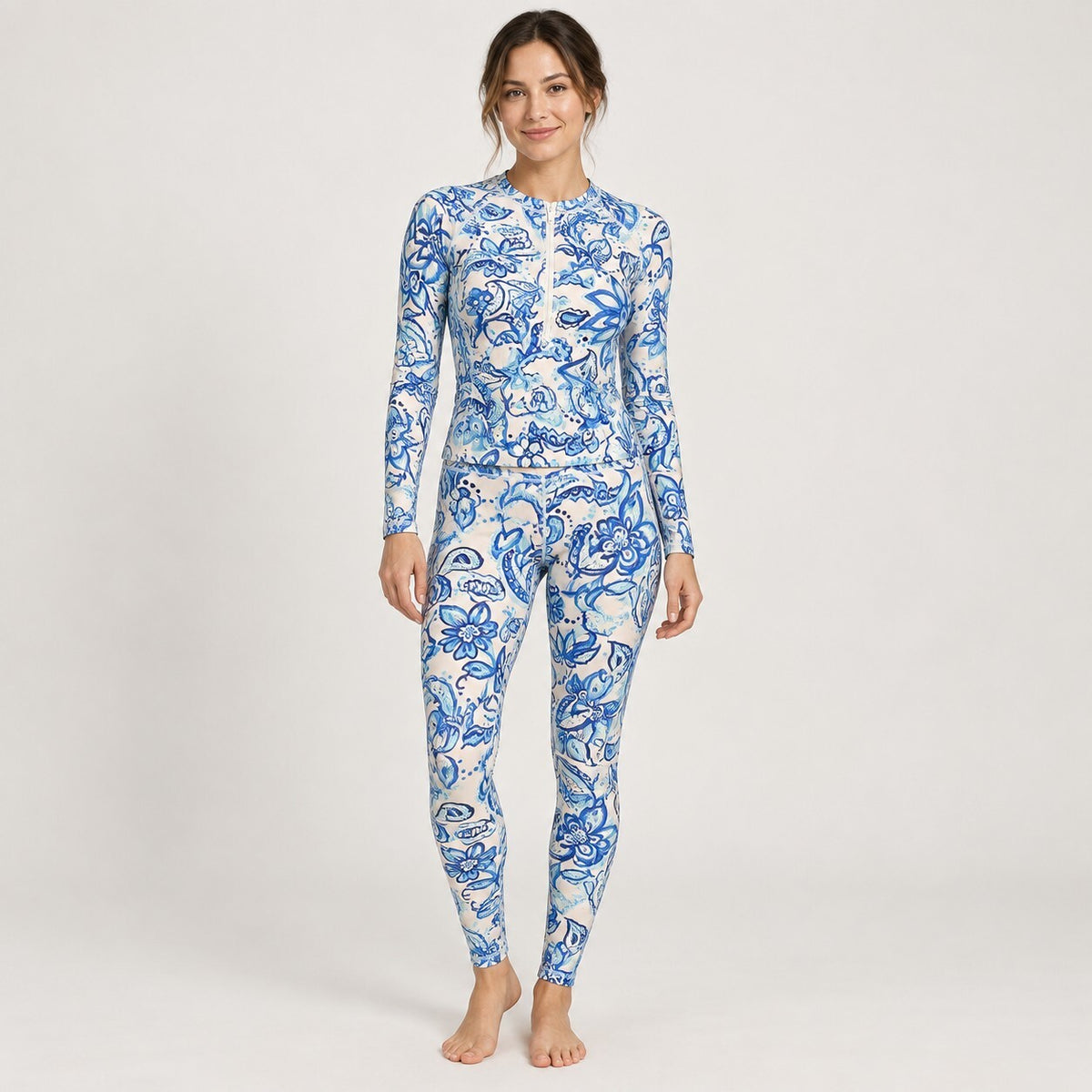 NWT Cupshe Floral Long Sleeve Quarter Zip Rash Guard Swim Leggings Set Size S