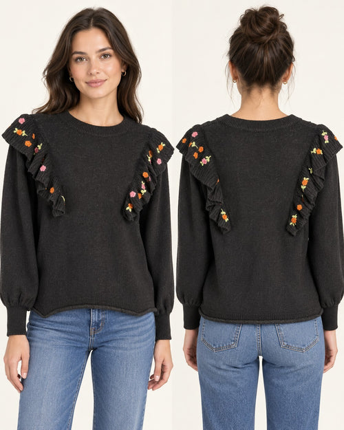 NWT Something Navy Louise Black Floral Embroidered Ruffle Sweater Size XS