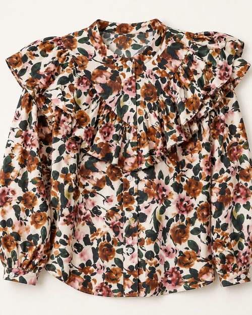 NWT Something Navy Cream Multi Floral Ruffle Long Sleeve Blouse Size Medium