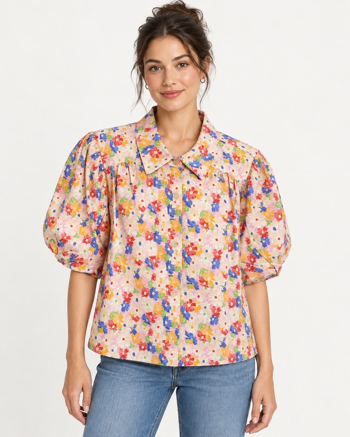 NWT Something Navy Floral Puff Sleeve Button Up Blouse Cream Multi Size Medium