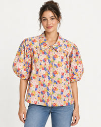 NWT Something Navy Floral Puff Sleeve Button Up Blouse Cream Multi Size Medium