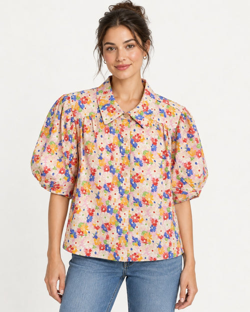 NWT Something Navy Floral Puff Sleeve Button Up Blouse Cream Multi Size Medium