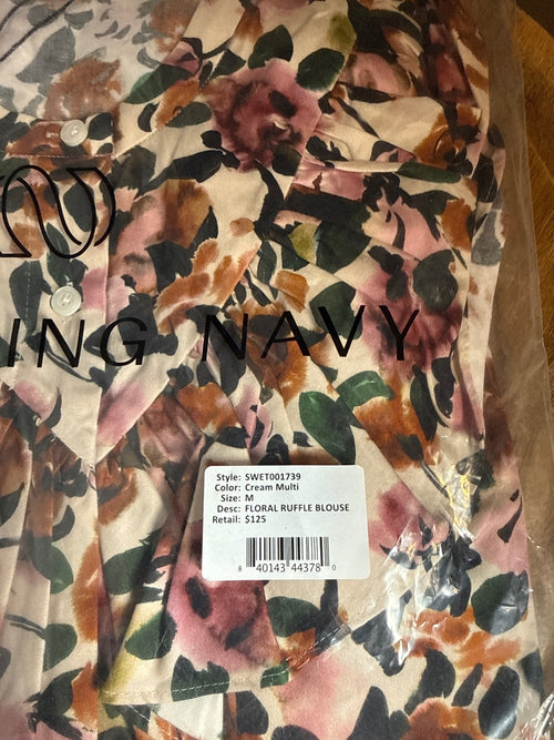 NWT Something Navy Cream Multi Floral Ruffle Long Sleeve Blouse Size Medium