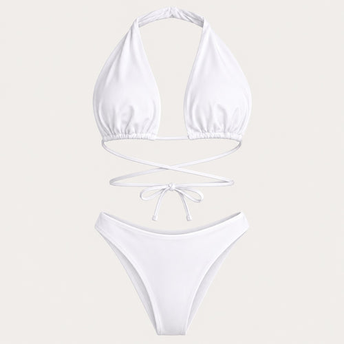 NWT Cupshe Bright White Crisscross Halter Cheeky Bikini 3Pc Mesh Cover Up Size S