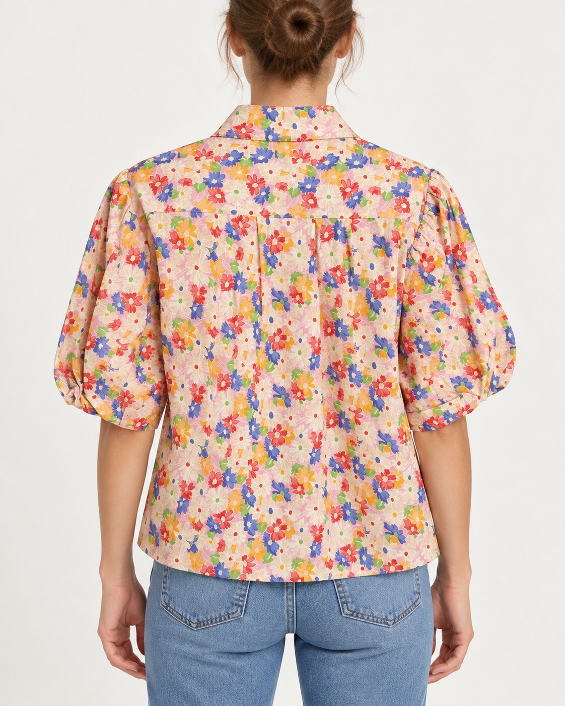 NWT Something Navy Floral Puff Sleeve Button Up Blouse Cream Multi Size Medium