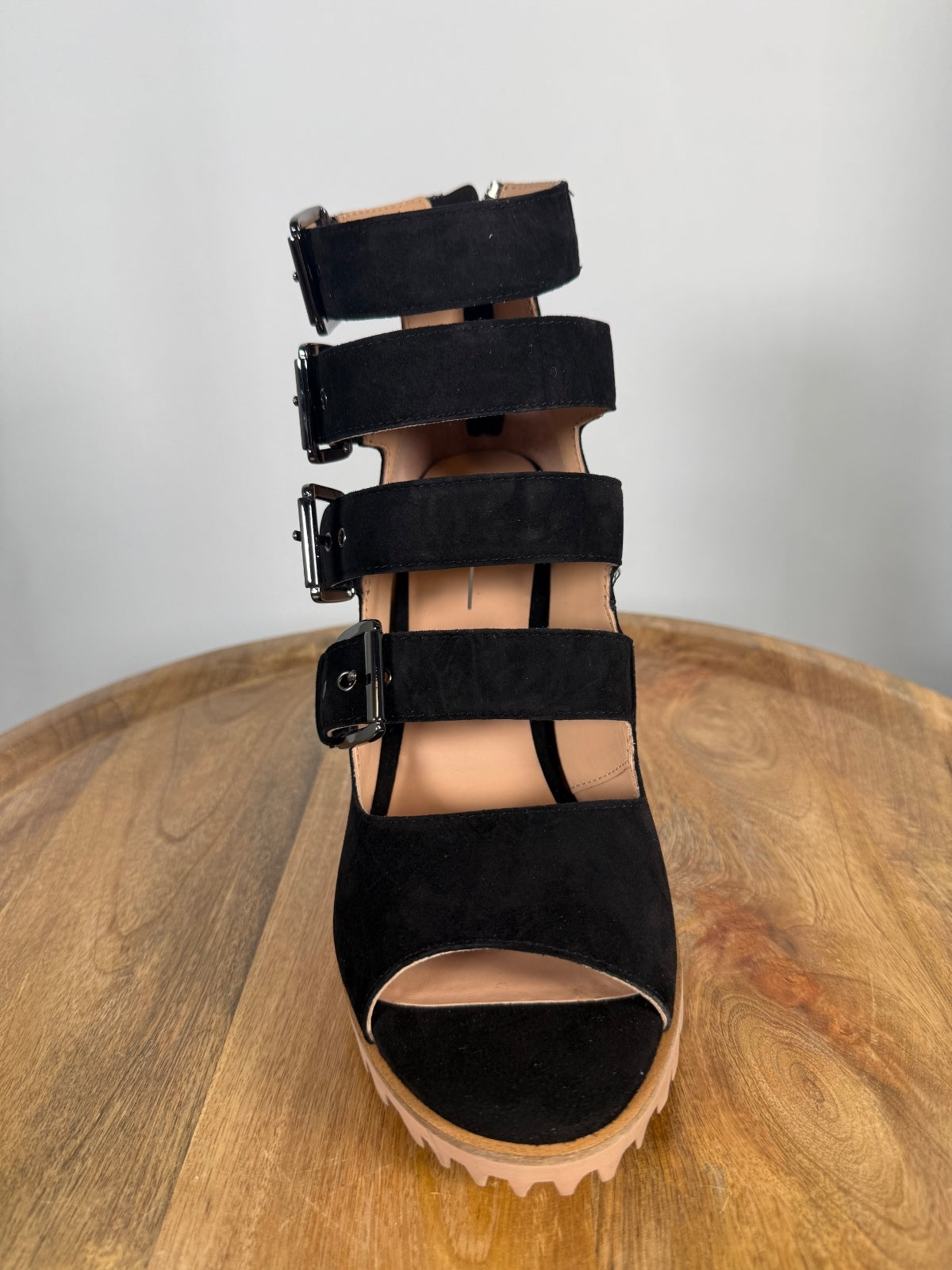 NWB Linea Paolo Wisteria Black Suede Buckle Wedge Sandals Size 6.5
