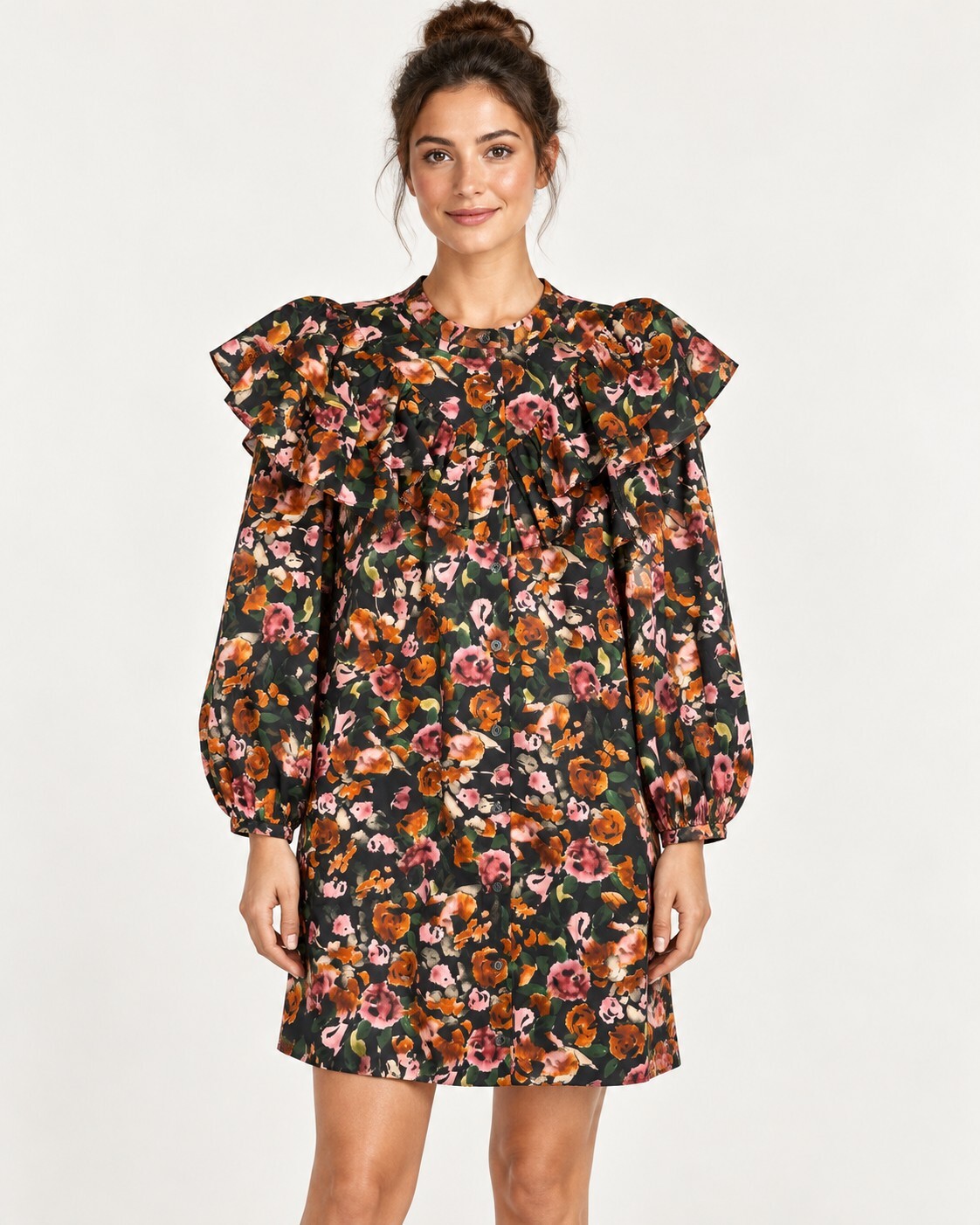 NWT Something Navy Floral Ruffle Button Up Dress Black Combo Size XS