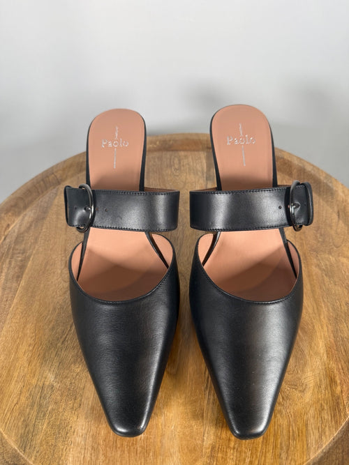 NWB Linea Paolo Cynthia Black Nappa Leather Buckle Kitten Heel Mules Size 5
