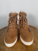 NWB Linea Paolo Fave Tan Kid Suede Cutout Wedge Sneakers Size 8.5