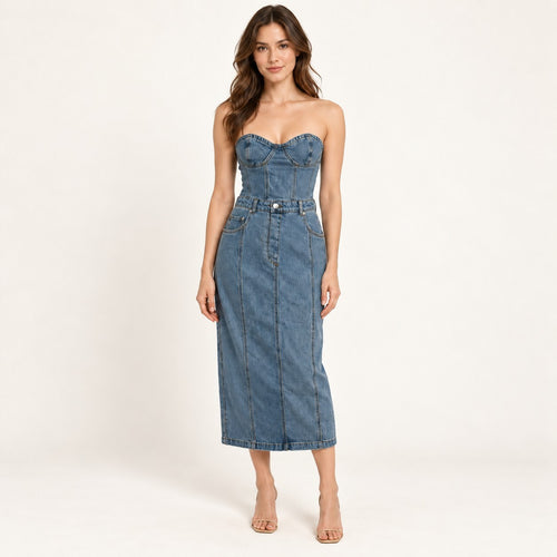 NWT Steve Madden Denim Corset Midi Dress Size Small