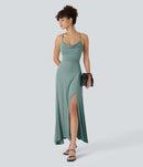NWT Halara Ribbed Cowl Neck Lace Up Midi Dress Clear Green Size Large