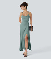 NWT Halara Ribbed Cowl Neck Lace Up Midi Dress Clear Green Size Large