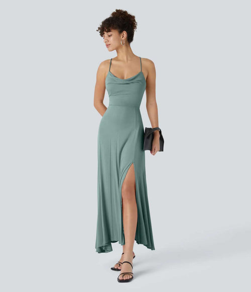 NWT Halara Ribbed Cowl Neck Lace Up Midi Dress Clear Green Size Large