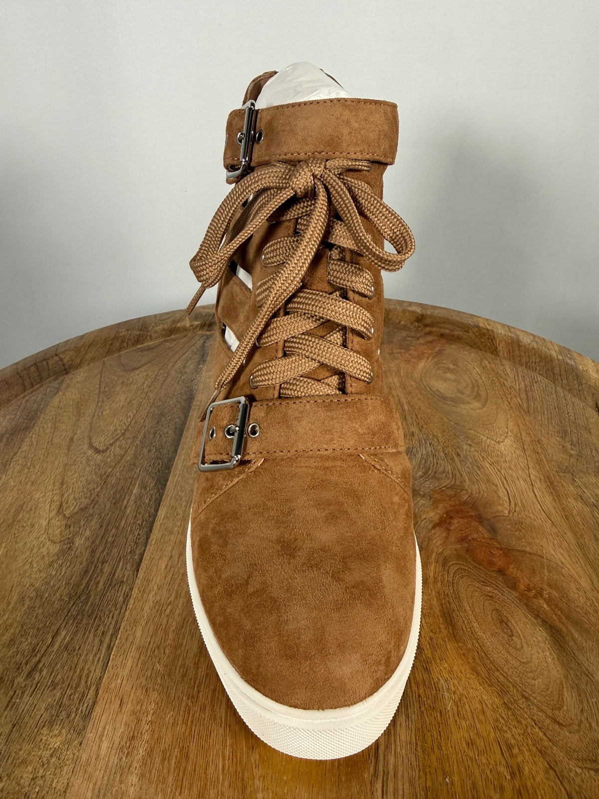 NWB Linea Paolo Fave Tan Kid Suede Cutout Wedge Sneakers Size 8.5