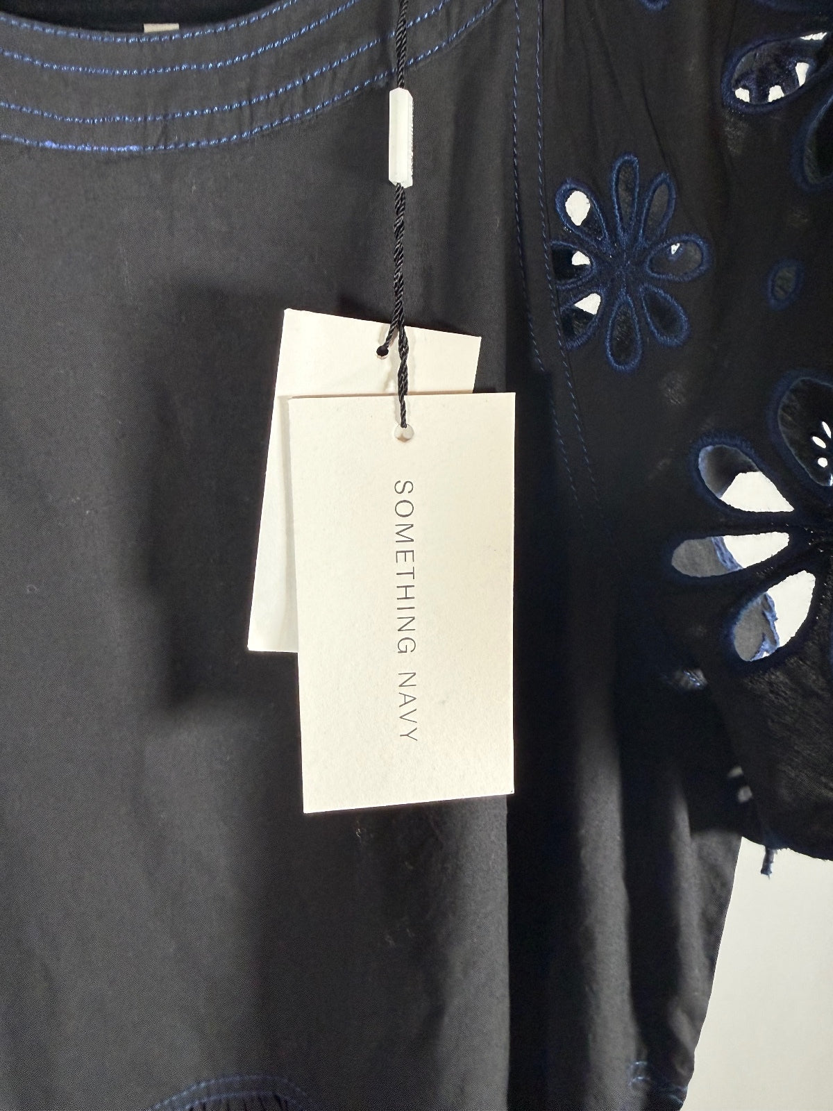NWT Something Navy Black Combo Floral Eyelet Embroidered Tiered Dress Size XS
