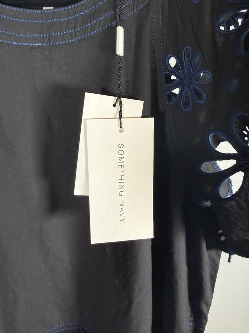 NWT Something Navy Black Combo Floral Eyelet Embroidered Tiered Dress Size XS