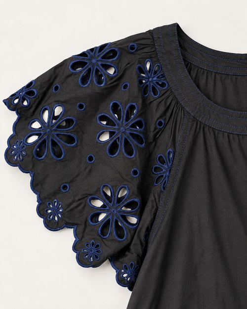 NWT Something Navy Black Combo Floral Eyelet Embroidered Tiered Dress Size XS
