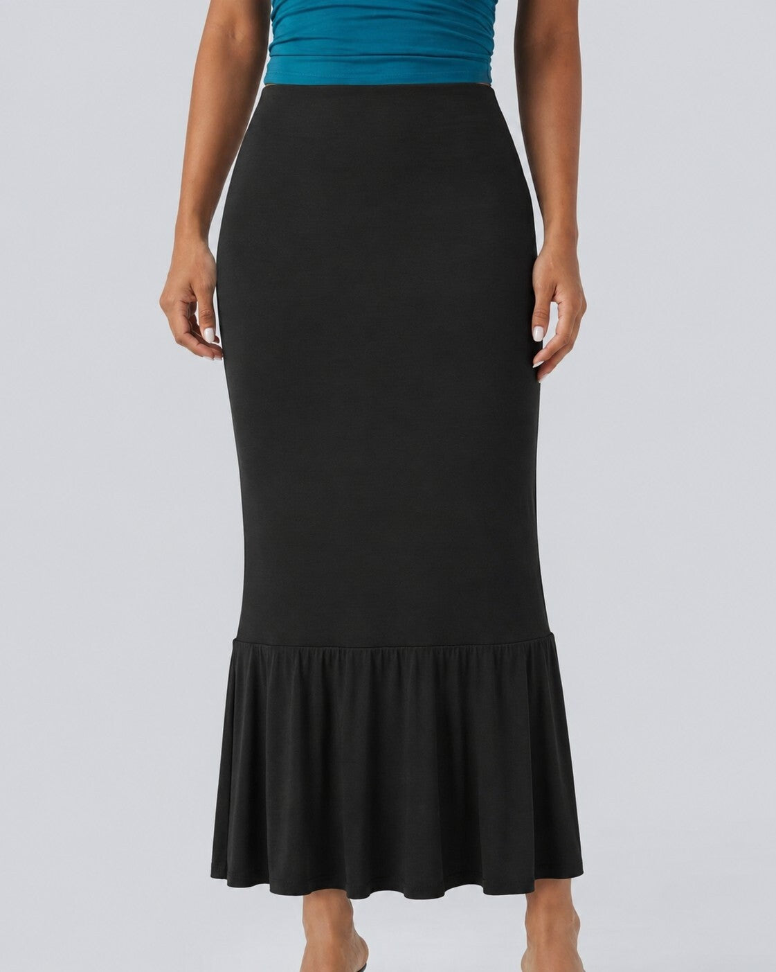 NWT Halara Mid Rise Ruched Midi Mermaid Skirt Black Size M