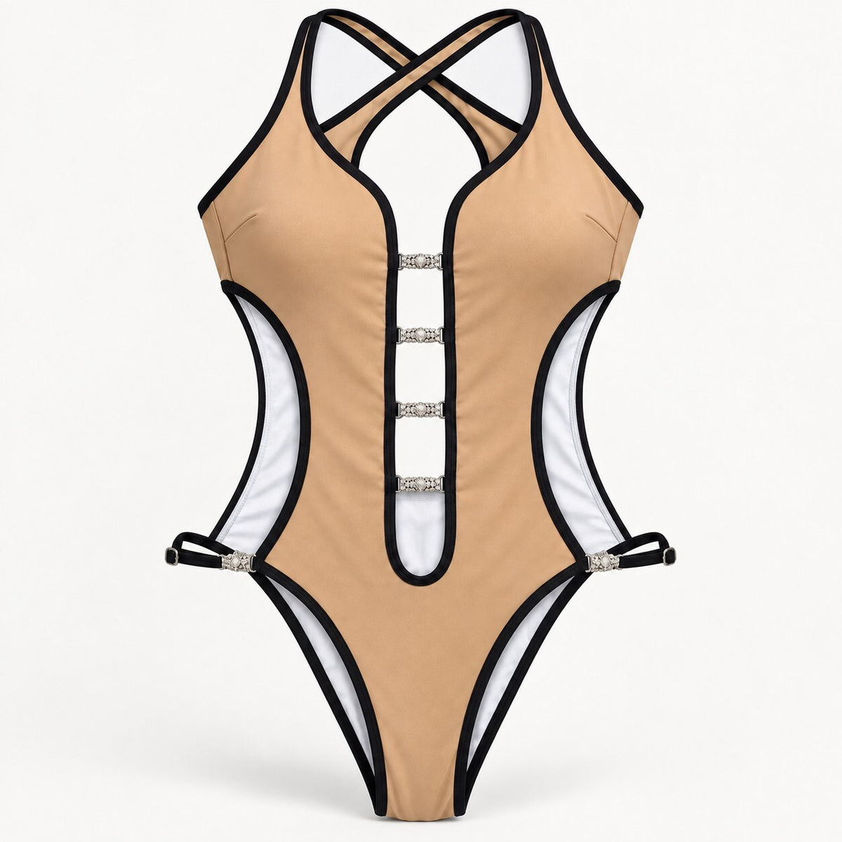 NWT Cupshe Tan Black Rhinestone Strappy Cutout One Piece Swimsuit Size Small