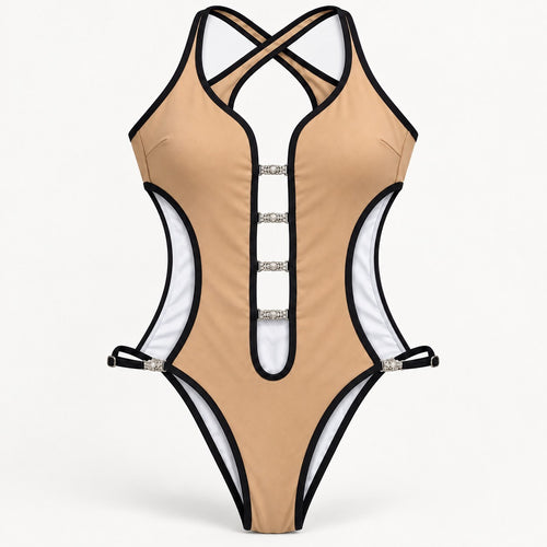 NWT Cupshe Tan Black Rhinestone Strappy Cutout One Piece Swimsuit Size Small