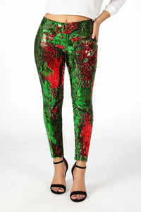 NWT Tipsy Elves Red & Green Reversible Sequin High Waisted Leggings Size Large