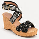 NWB Linea Paolo Varena Black Raffia Embellished Wedge Sandals Size 9.5