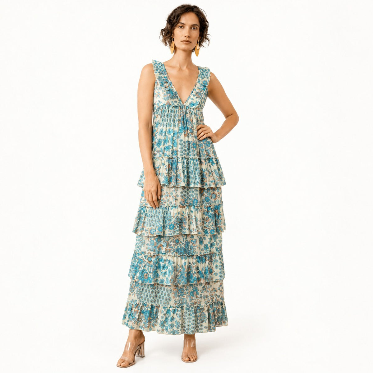 NWT Guadalupe Kiliman Blue Floral Tiered V-Neck Maxi Dress Size Small