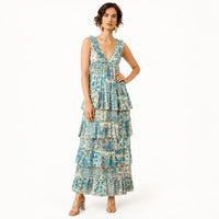 NWT Guadalupe Kiliman Blue Floral Tiered V-Neck Maxi Dress Size Small