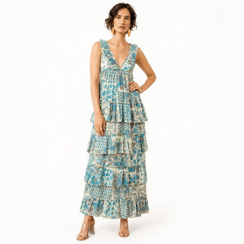 NWT Guadalupe Kiliman Blue Floral Tiered V-Neck Maxi Dress Size Small