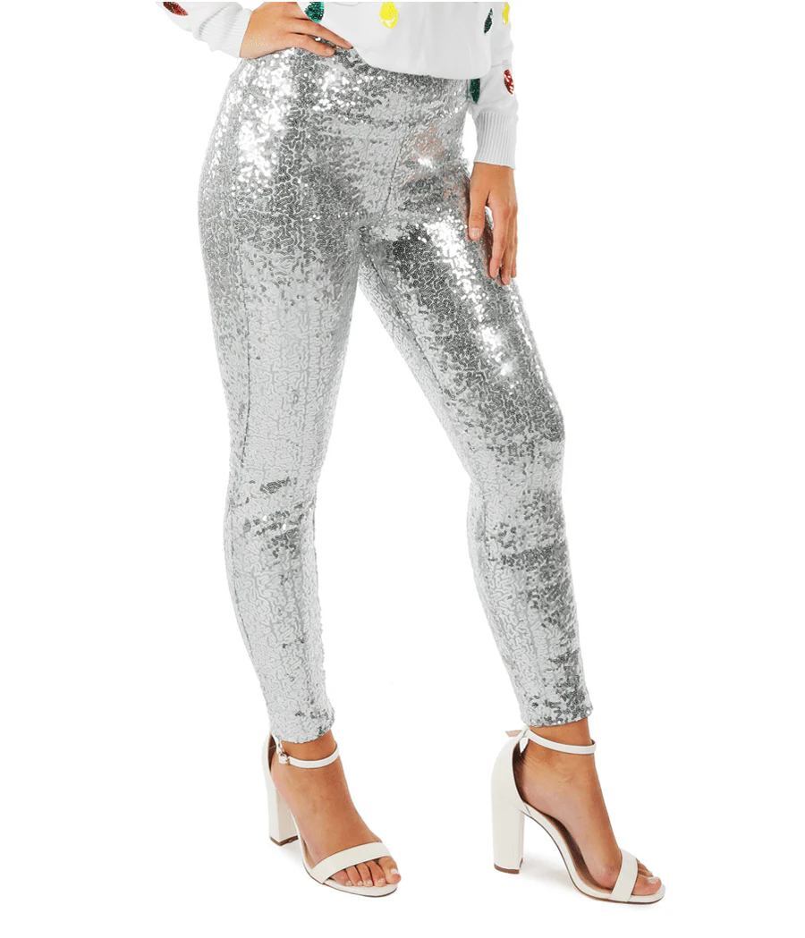 NWT Tipsy Elves Silver Sequin High Waisted Leggings Size Large