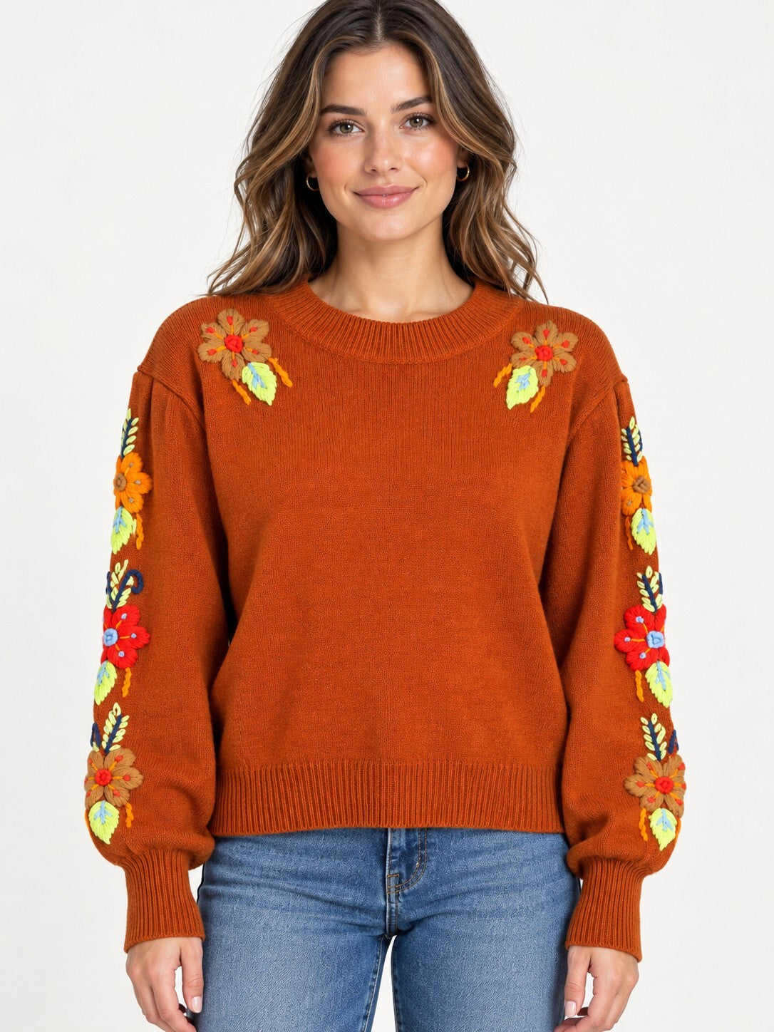 NWT Something Navy Burnt Orange Floral Embroidered Crew Neck Sweater Size XS