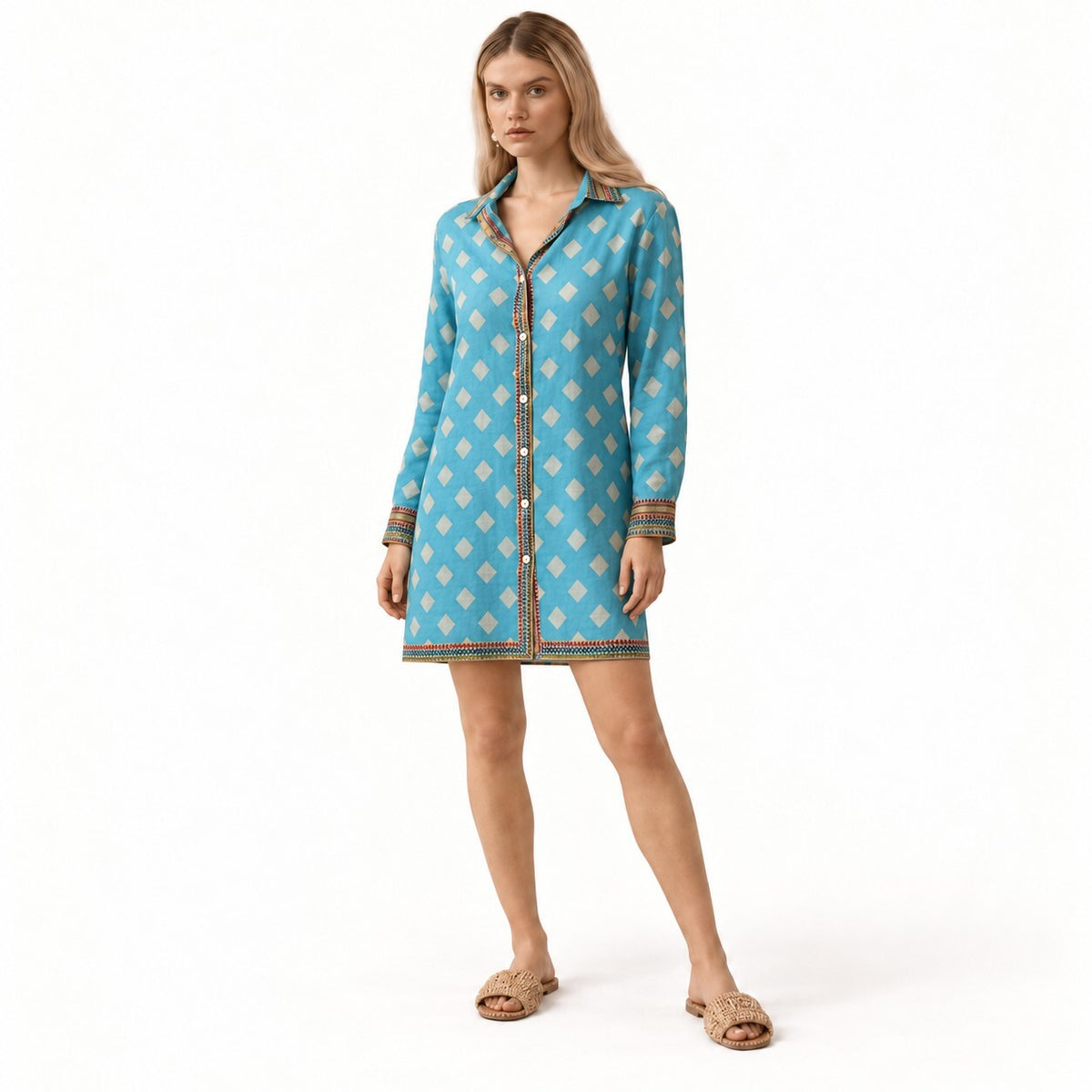 NWT Guadalupe Rhombus Blue Geometric Button-Front Shirt Dress Size Small