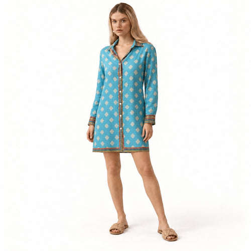 NWT Guadalupe Rhombus Blue Geometric Button-Front Shirt Dress Size Small