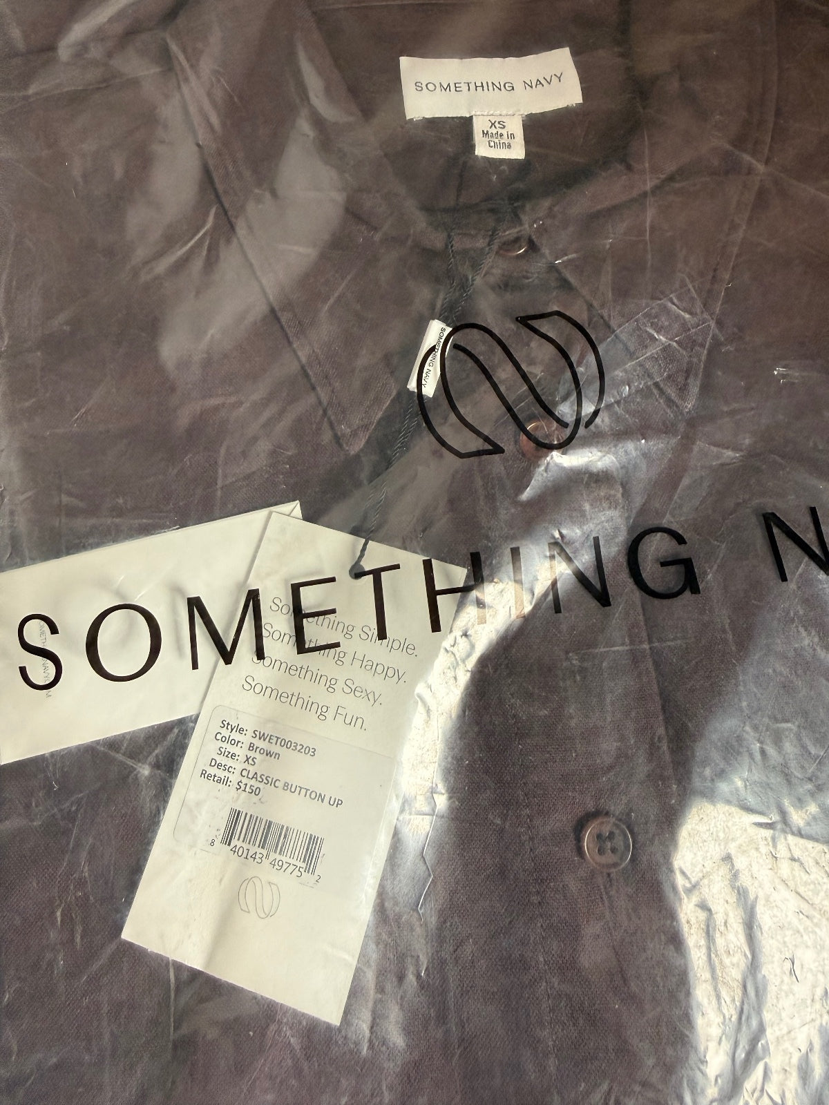 NWT Something Navy Brown Classic Button Up Long Sleeve Shirt Size XS