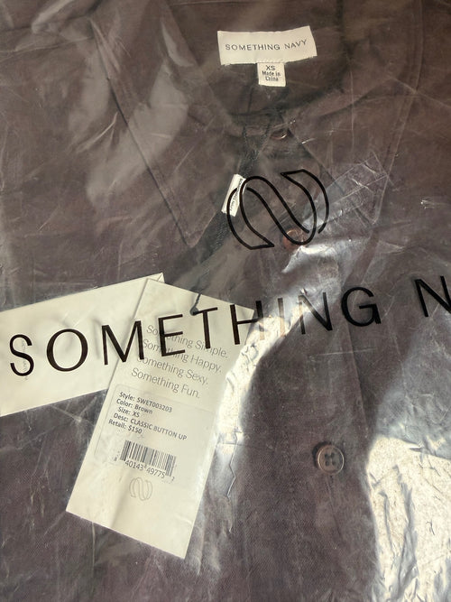 NWT Something Navy Brown Classic Button Up Long Sleeve Shirt Size XS