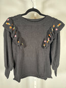 NWT Something Navy Louise Black Floral Embroidered Ruffle Sweater Size XS