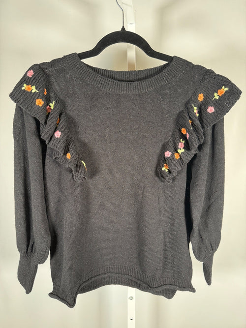 NWT Something Navy Louise Black Floral Embroidered Ruffle Sweater Size XS