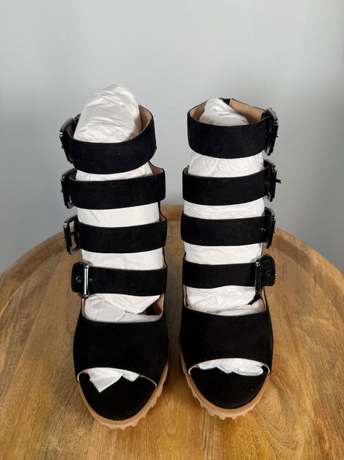 NWB Linea Paolo Wisteria Black Suede Buckle Wedge Sandals Size 8