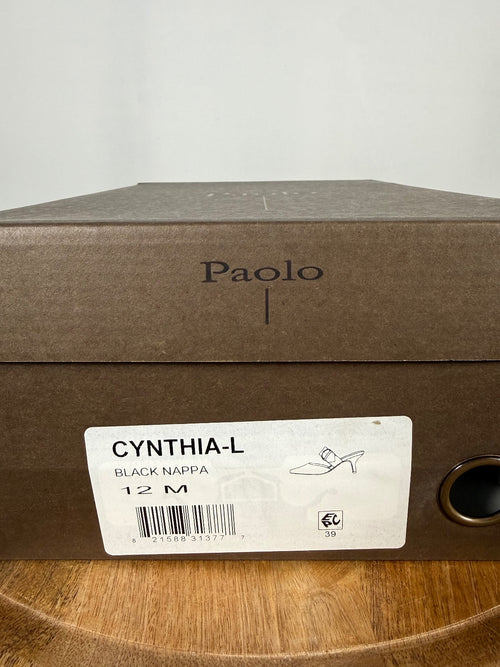 NWB Linea Paolo Cynthia Black Nappa Leather Buckle Kitten Heel Mules Size 12