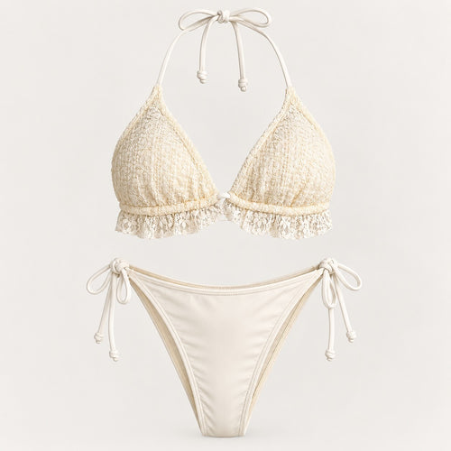 NWT CUPSHE Women’s Cream Lace 3 Piece Bikini Set with Wrap Skirt Size Large