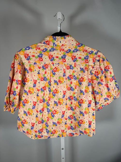 NWT Something Navy Floral Puff Sleeve Button Up Blouse Cream Multi Size Medium
